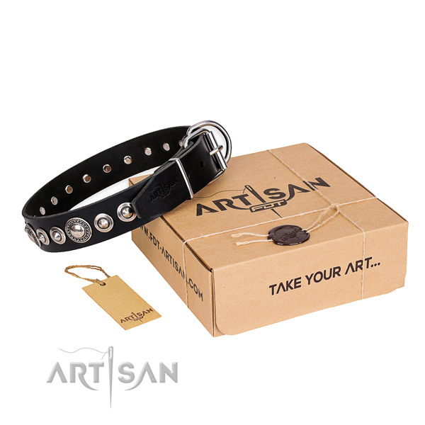 Comfortable wearing full grain genuine leather dog collar with studs