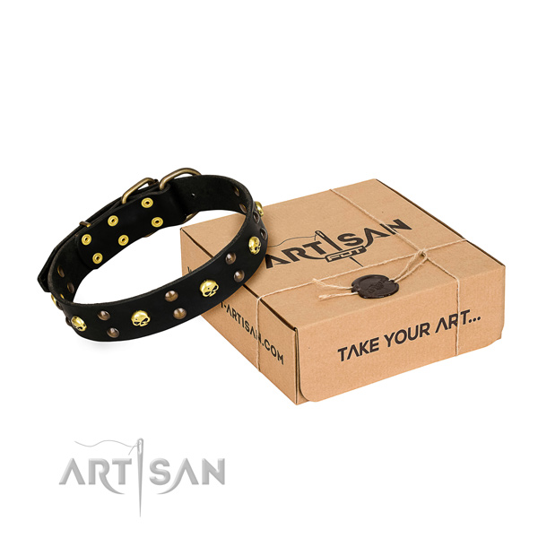 Comfortable wearing dog collar of reliable natural leather with decorations