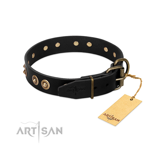 Durable traditional buckle on natural genuine leather dog collar for your four-legged friend
