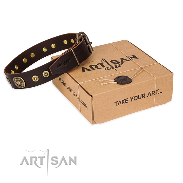 Full grain natural leather dog collar made of soft to touch material with strong hardware