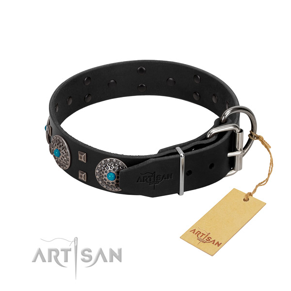 Soft to touch natural leather dog collar with adornments for handy use