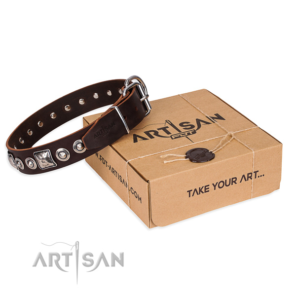 Full grain genuine leather dog collar made of flexible material with corrosion resistant hardware