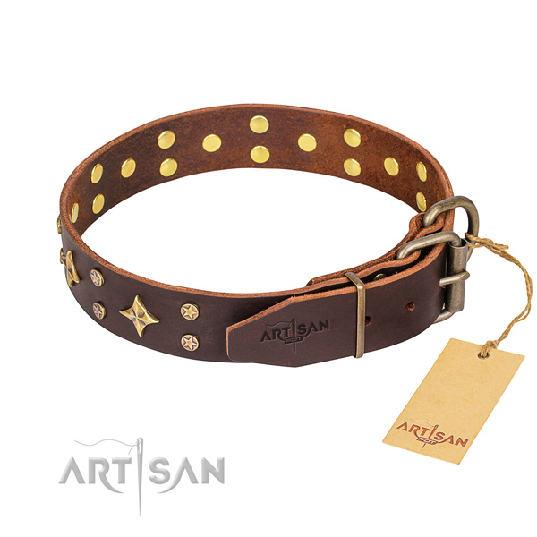 Comfortable wearing decorated dog collar of reliable natural leather