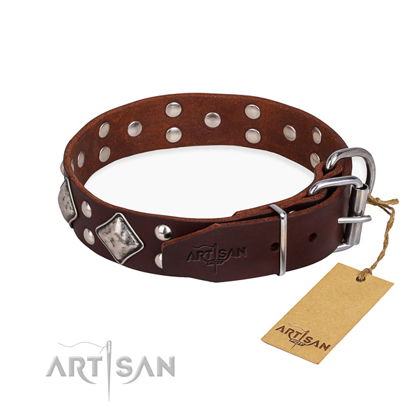 Natural leather dog collar with stylish design corrosion proof decorations