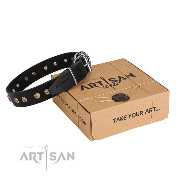 High quality natural genuine leather dog collar handcrafted for basic training