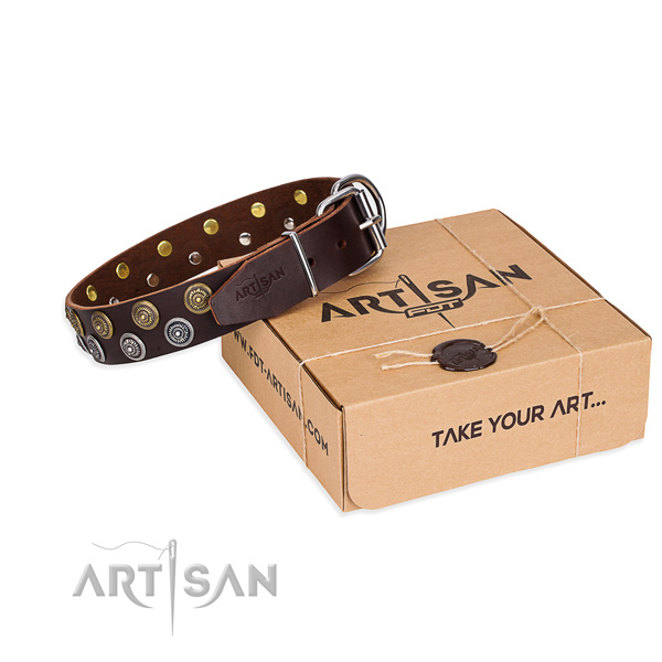Handy use dog collar of durable genuine leather with embellishments