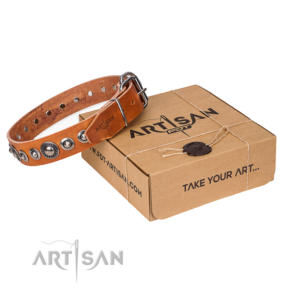 Genuine leather dog collar made of high quality material with corrosion resistant buckle