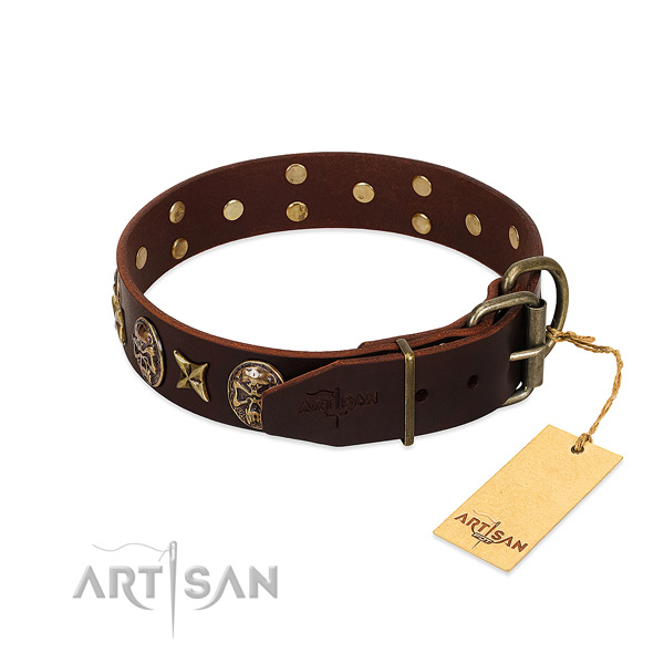 Genuine leather dog collar with rust resistant D-ring and decorations
