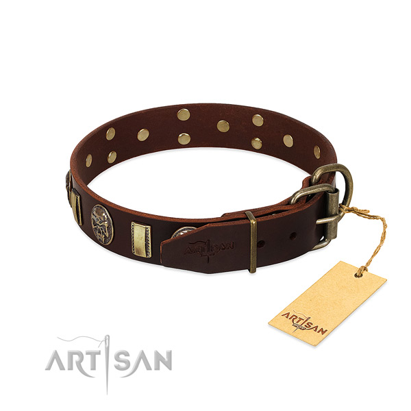 Leather dog collar with rust resistant fittings and decorations