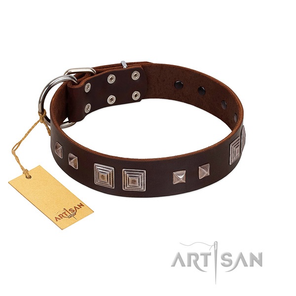 Rust-proof traditional buckle on full grain genuine leather dog collar for comfy wearing