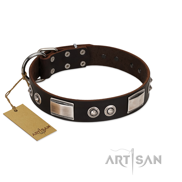 Easy adjustable full grain natural leather collar with adornments for your doggie