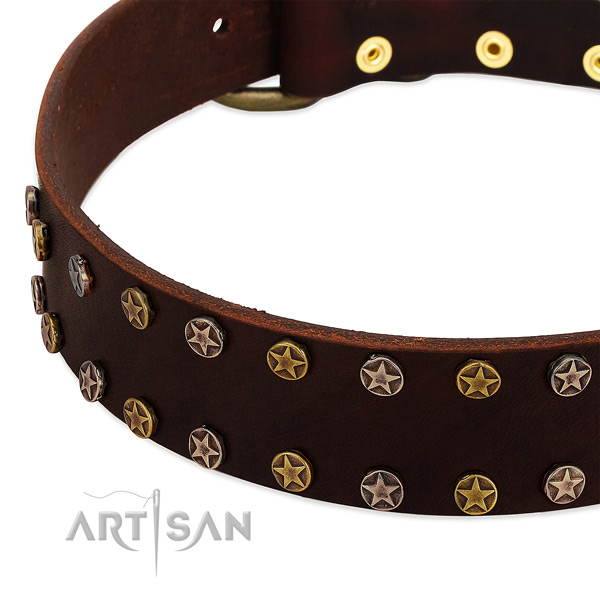 Comfy wearing full grain natural leather dog collar with inimitable studs