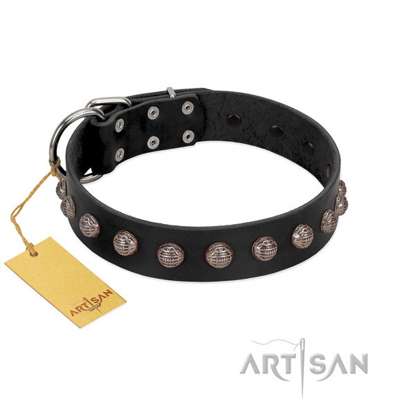 Strong hardware on adorned genuine leather dog collar