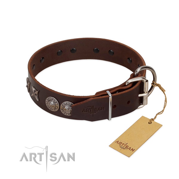 Daily use high quality genuine leather dog collar with adornments