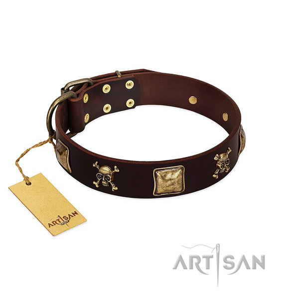 Soft genuine leather dog collar with unusual decorations